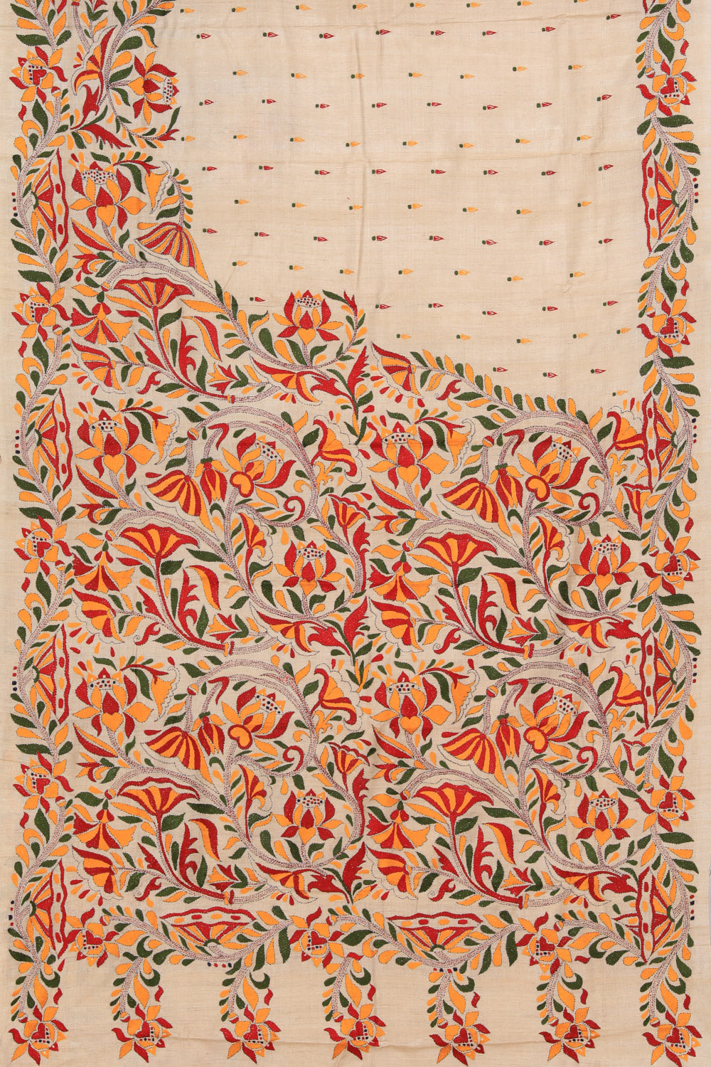 Image of Kantha Stitch Embroidery Ivory Off-White Saree